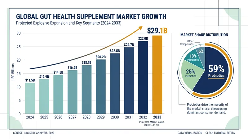 The global gut health supplement market is projected to reach $29.1 billion by 2033, driven largely by probiotic sales.