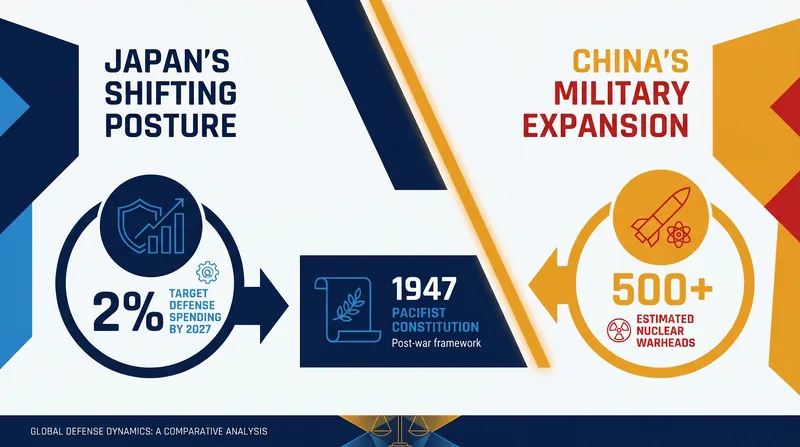 A comparison of Japan's shifting defense spending targets and China's rapidly expanding nuclear arsenal.