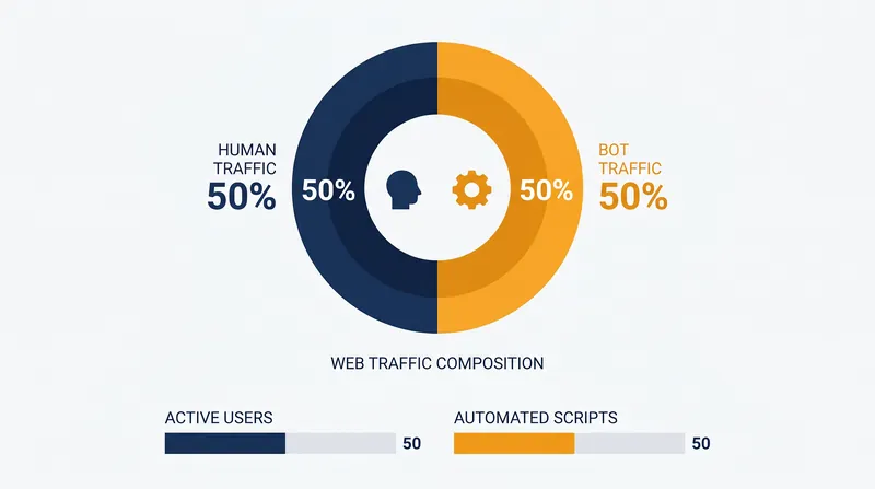 Automated bots now account for nearly half of all global web traffic, rivaling human activity.