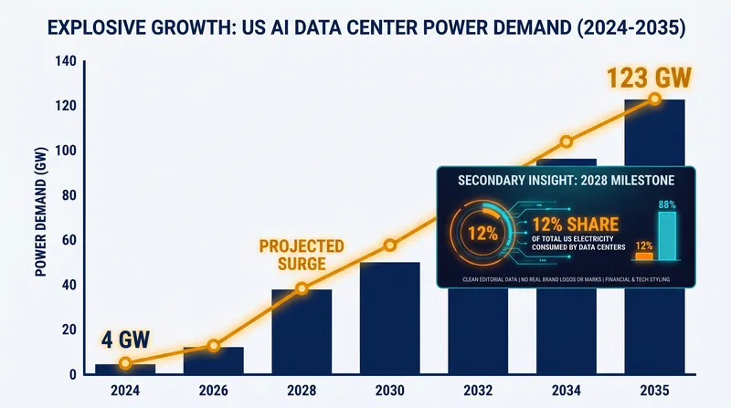Projected power demand for US AI data centers is expected to skyrocket over the next decade.