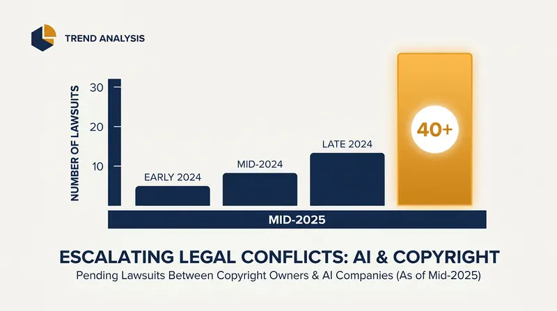 Pending lawsuits between copyright owners and AI companies have surged, with over 40 major cases active as of mid-2025.