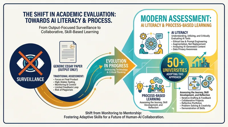 Over 50 major universities are shifting away from automated policing toward AI literacy and process-oriented assessments.