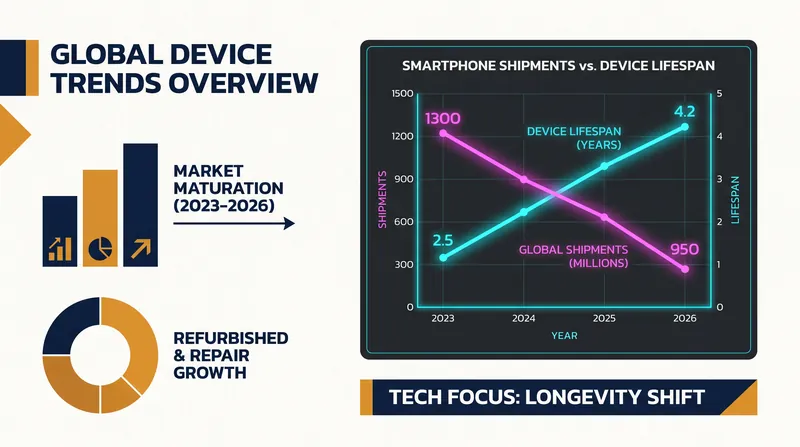 Projected decline in global smartphone shipments versus the rising average lifespan of consumer devices.