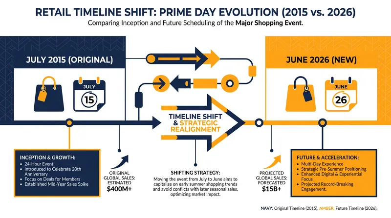 A timeline of Prime Day's evolution from its July 2015 inception to the upcoming June 2026 shift.