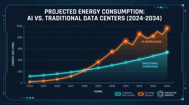 AI workloads require significantly more power than traditional computing tasks, driving up projected energy demand.