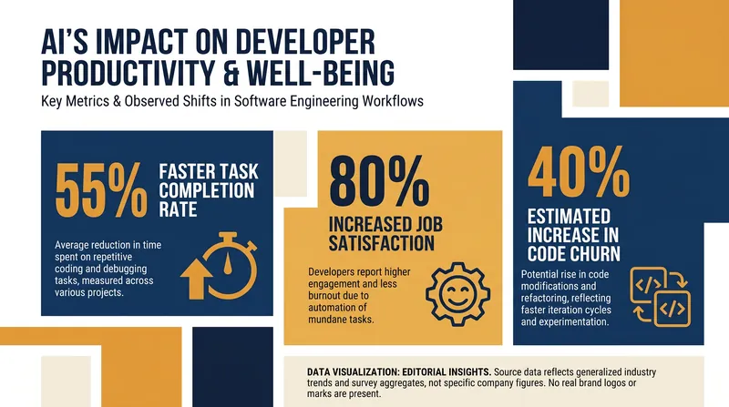 Key metrics highlighting the productivity and behavioral shifts driven by AI coding tools.