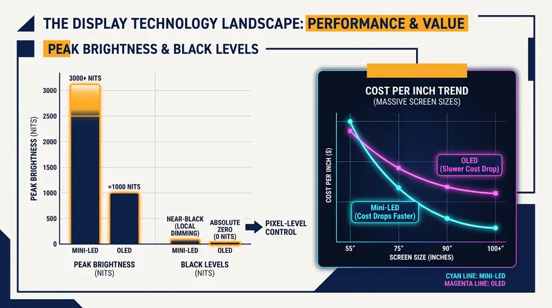 Mini-LED dominates in raw brightness and large-screen affordability, while OLED maintains the edge in perfect contrast.