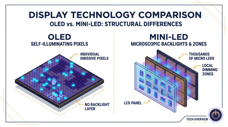 OLED pixels generate their own light, while Mini-LED relies on a sophisticated backlight system with local dimming zones.