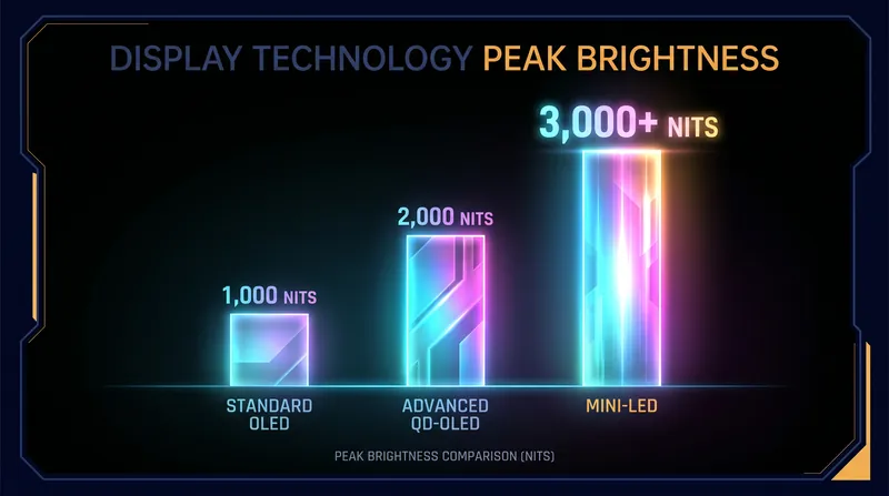 Mini-LED technology currently dominates in raw luminance, achieving over 3,000 nits of peak brightness.