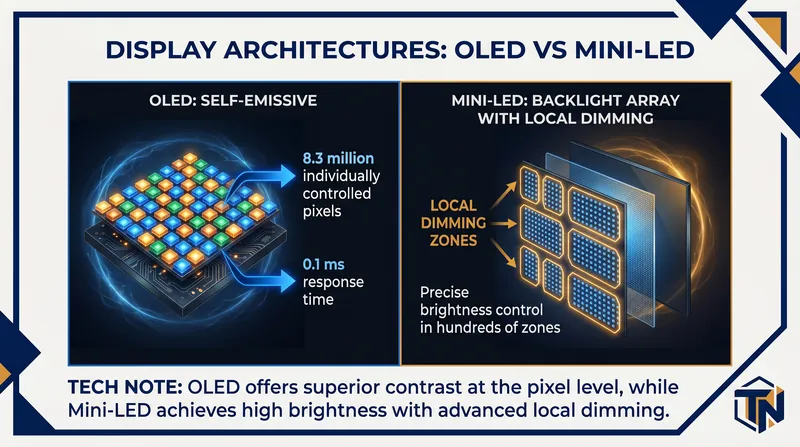 Understanding the architectural differences between self-emissive OLEDs and backlit Mini-LEDs.