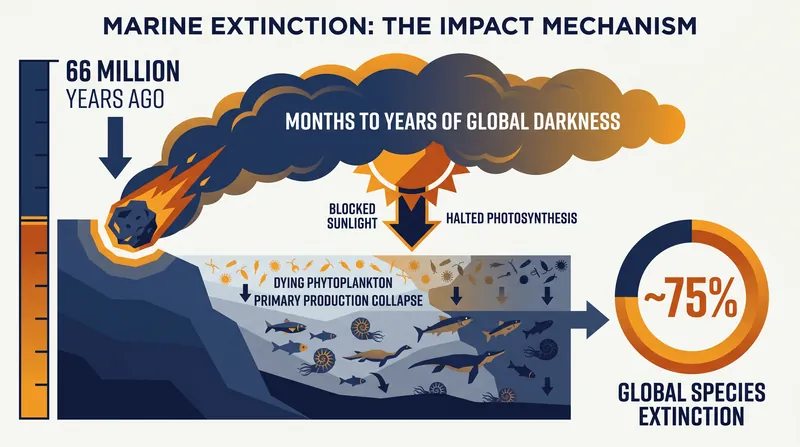 The ejection of vaporized rock and soot created a global shroud of darkness that halted photosynthesis for months to years.