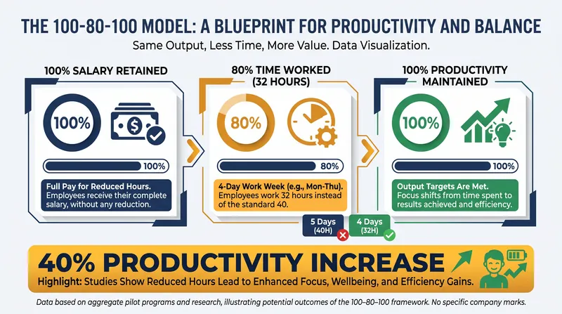 The 100-80-100 model ensures employees retain full pay while working 32 hours, often resulting in significant productivity boosts.