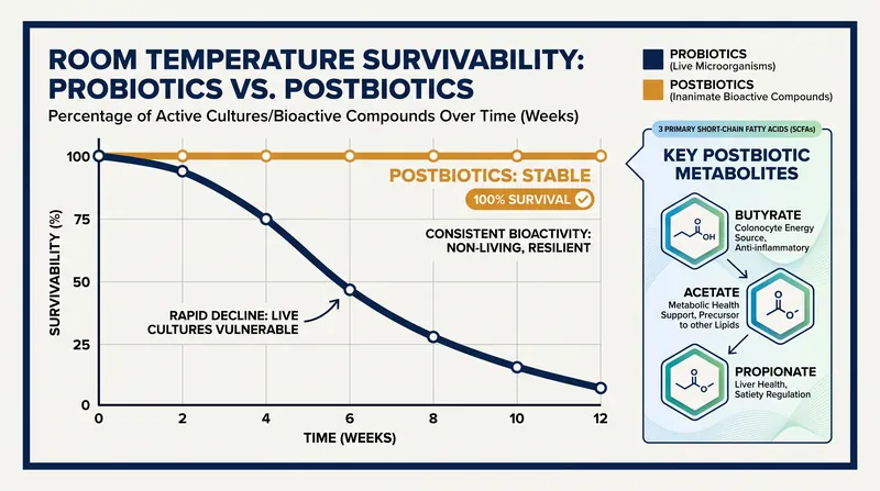 Because they are inanimate compounds, postbiotics boast a 100% survival rate at room temperature, unlike fragile live probiotics.