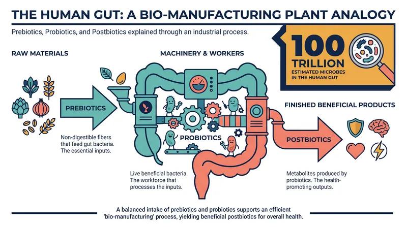The gut functions like a factory where approximately 100 trillion microbes process dietary fiber into beneficial postbiotics.