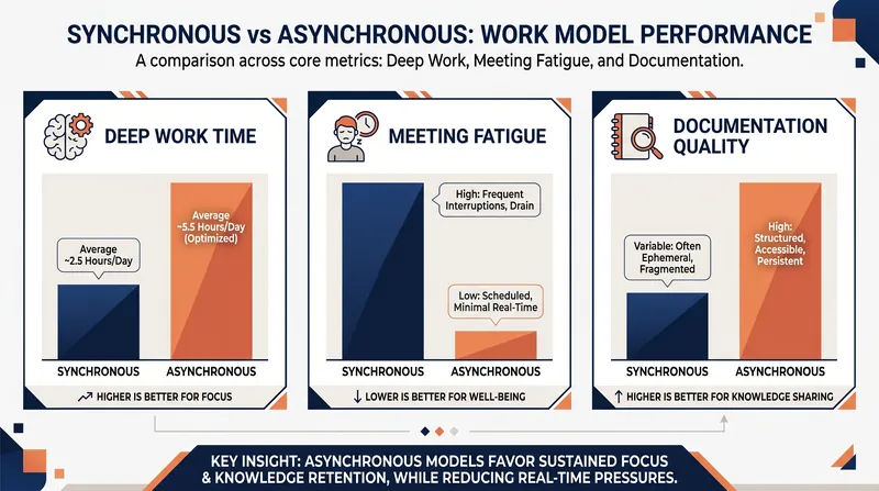 Asynchronous models trade real-time meetings for deeper focus and better documentation.