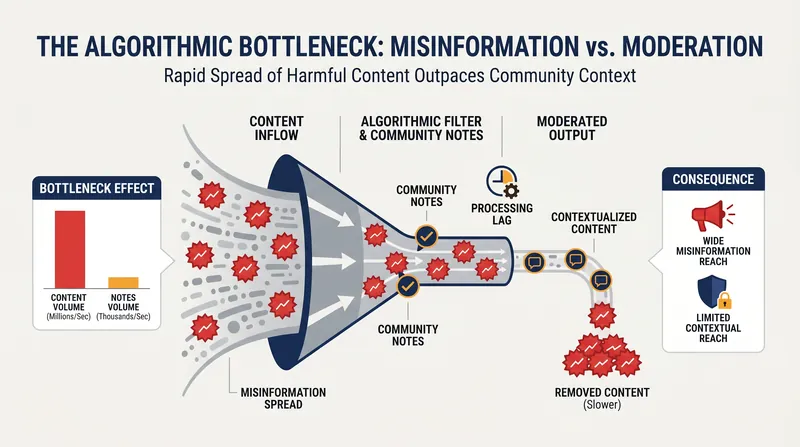 Algorithmic speed remains a primary bottleneck, sometimes allowing false claims to spread before consensus is reached.