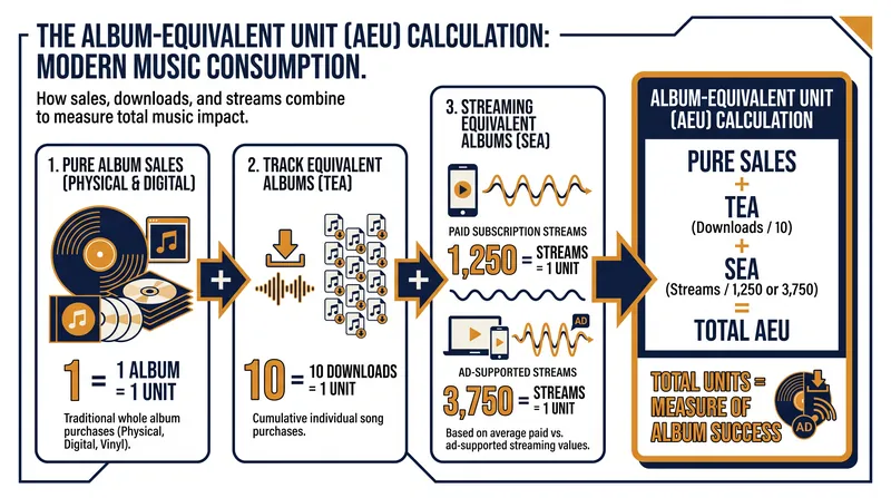 How Billboard calculates an 'album-equivalent unit' using a mix of pure sales, track downloads, and streaming data.