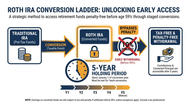 How the 5-year conversion rungs allow early retirees to bypass the standard 10% early withdrawal penalty.