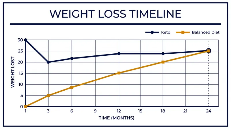 While keto produces faster initial weight loss, long-term studies show both diets yield similar results at the two-year mark.