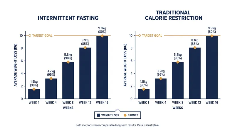 When total daily calories are matched, intermittent fasting offers no additional weight loss advantage over traditional calorie restriction.