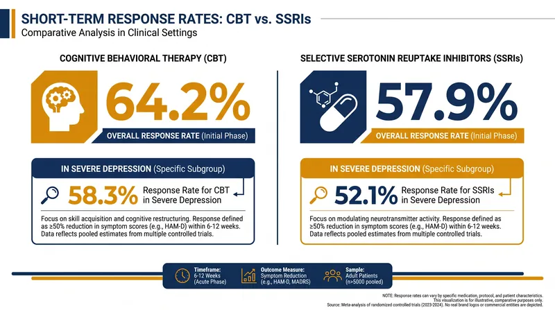 In the short term, both cognitive behavioral therapy and newer antidepressants offer highly comparable response rates.