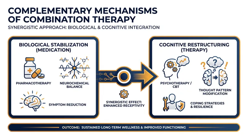Combination therapy leverages the rapid biological stabilization of medication to facilitate the deep cognitive work of psychotherapy.