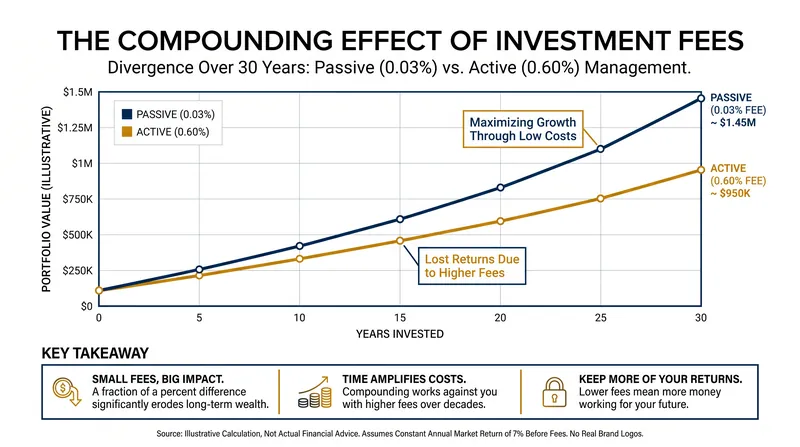 Even a half-percent difference in fees can consume hundreds of thousands of dollars over a 30-year investing horizon.