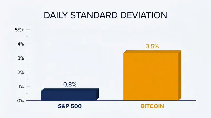 Bitcoin's daily price swings are historically three to five times larger than those of broad equity indices.