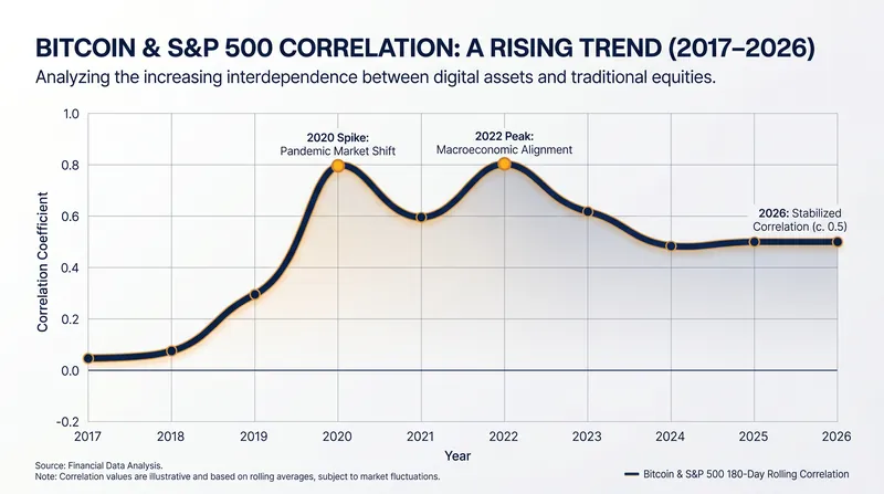 As institutional adoption grew, Bitcoin's correlation with the stock market shifted from near-zero to highly positive during market stress.