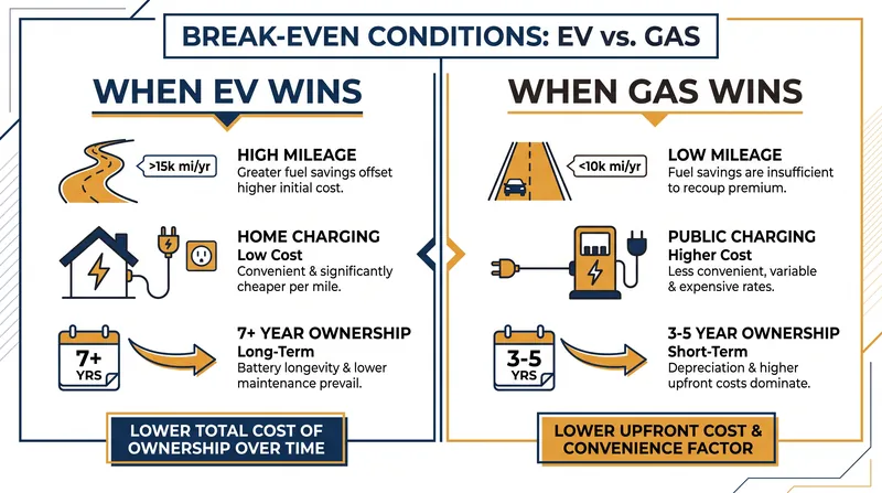 The total cost of ownership equation relies on three primary variables: mileage, charging access, and ownership duration.