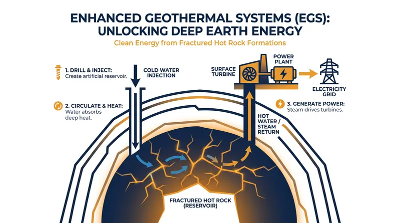 Unlike traditional geothermal, EGS uses horizontal drilling to create artificial reservoirs in hot, dry rock.