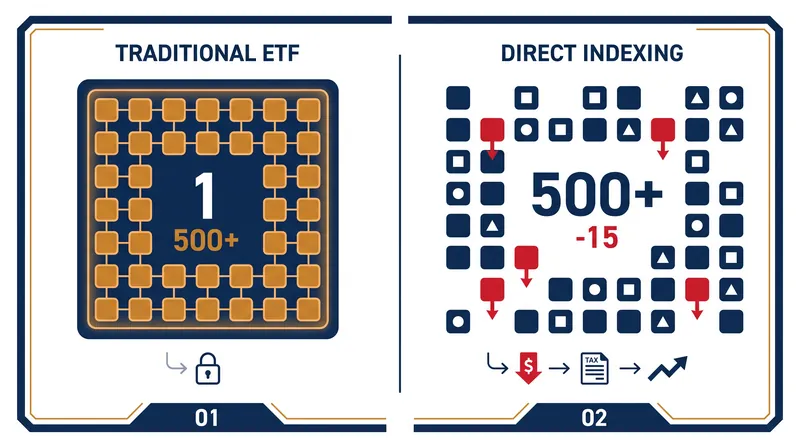 Direct indexing unbundles the ETF, allowing algorithms to isolate and harvest individual stock losses for tax benefits.