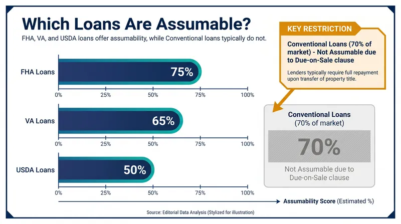 While conventional loans cannot be assumed, government-backed FHA, VA, and USDA loans are eligible.