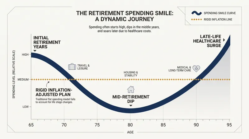 The 'Retirement Smile' shows how real-world spending fluctuates, unlike the rigid assumptions of the 4% rule.