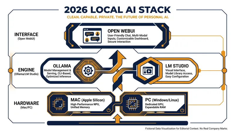 The modern local AI stack separates the hardware, the running engine, and the user interface.