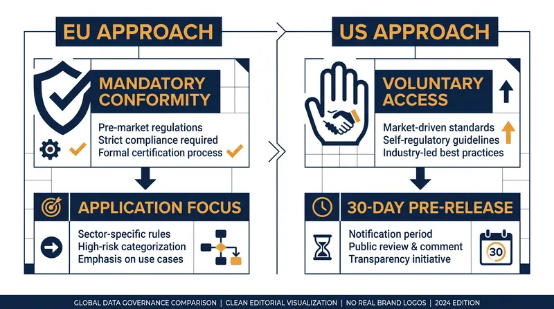 The US voluntary framework contrasts sharply with the EU's mandatory pre-deployment requirements.