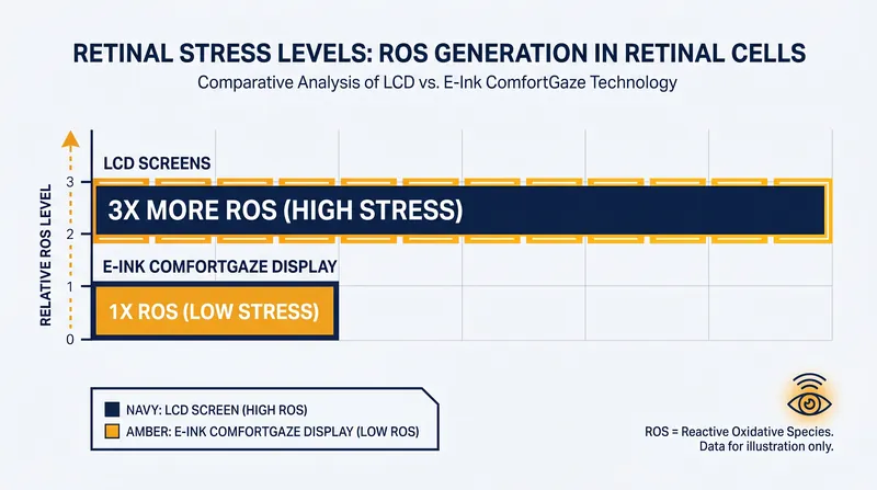 Harvard School of Public Health data shows e-ink displays cause significantly less photo-oxidative stress on retinal cells than traditional LCDs.