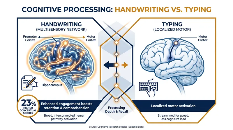 Neuroimaging reveals that the physical act of handwriting activates a much broader neural network than typing, leading to deeper memory encoding.