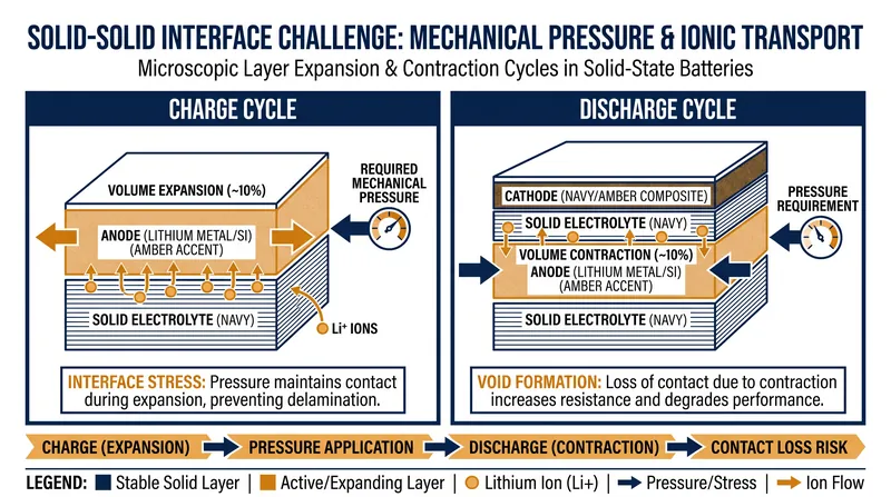 Maintaining perfect physical contact between rigid solid layers as the battery expands and contracts remains the primary manufacturing hurdle.