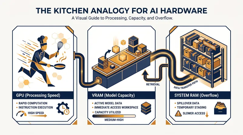 Why VRAM matters: The entire AI model must fit on the 'kitchen counter' to run efficiently.