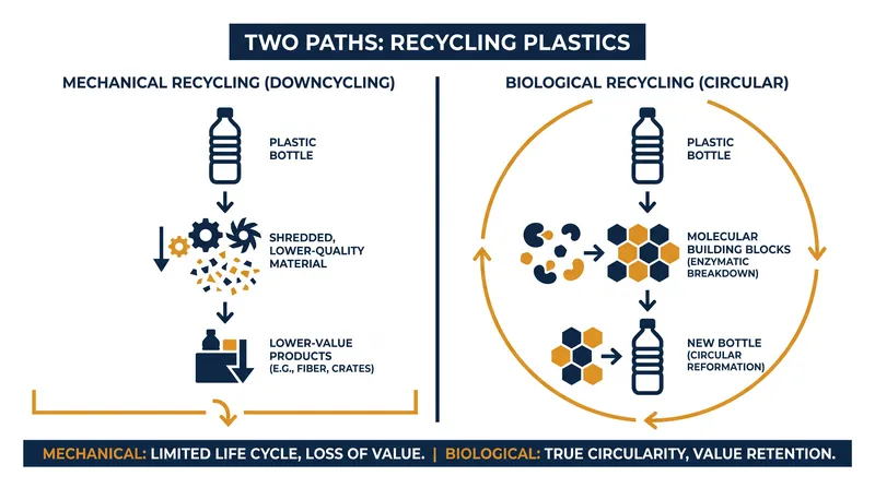 Unlike mechanical shredding, biological recycling breaks plastics down into their original chemical components.