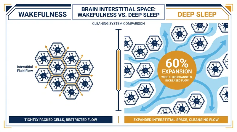 During deep sleep, the brain's interstitial space expands by up to 60 percent, drastically reducing fluid resistance.