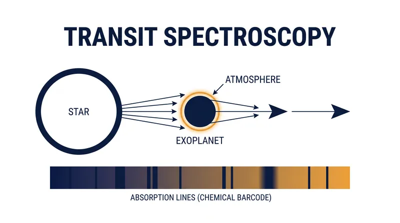 Transit spectroscopy allows astronomers to read the chemical makeup of an alien atmosphere by analyzing filtered starlight.