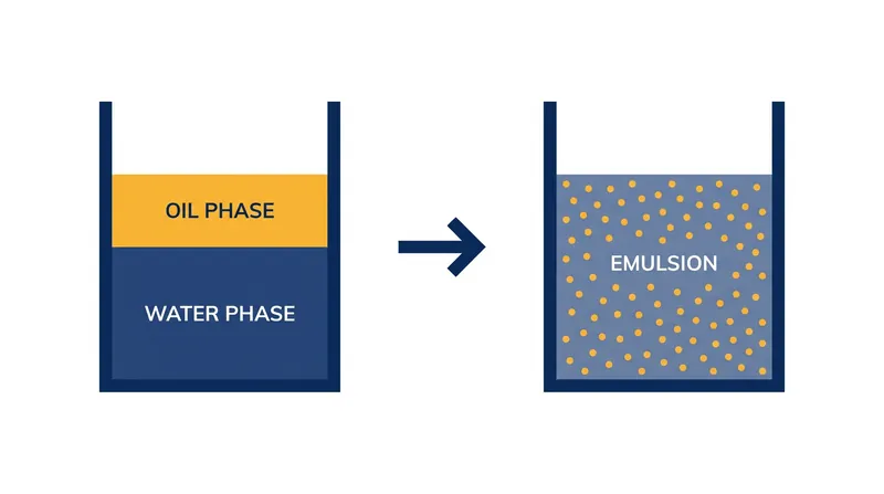 Mechanical agitation breaks the dispersed phase (oil) into microscopic droplets.