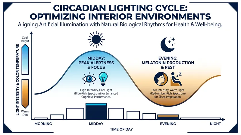 Proper lighting design mimics the natural progression of the sun to synchronize the body's circadian rhythm.