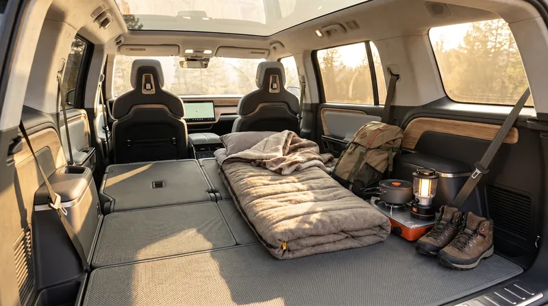 The Rivian R2's seats fold completely flat, creating a cavernous 90.1 cubic feet of space ideal for car camping.