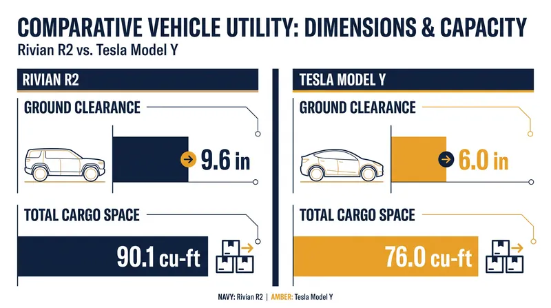 The Rivian R2 offers significantly more ground clearance and cargo volume than the Model Y.