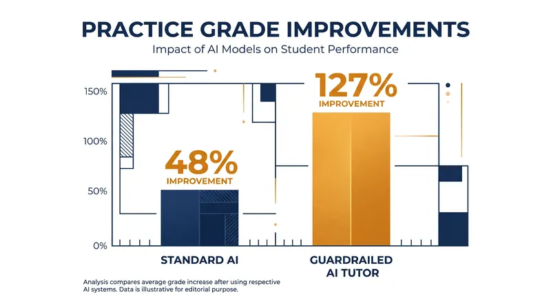 Guardrailed AI tutors that use Socratic prompting dramatically outperform standard AI chatbots in practice sessions.