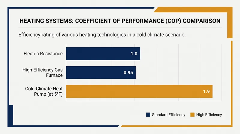 Even at 5°F, modern cold-climate heat pumps produce nearly twice as much heat energy as the electricity they consume.