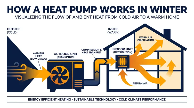 Heat pumps act as thermal transporters, moving ambient heat from the outdoors into the home.